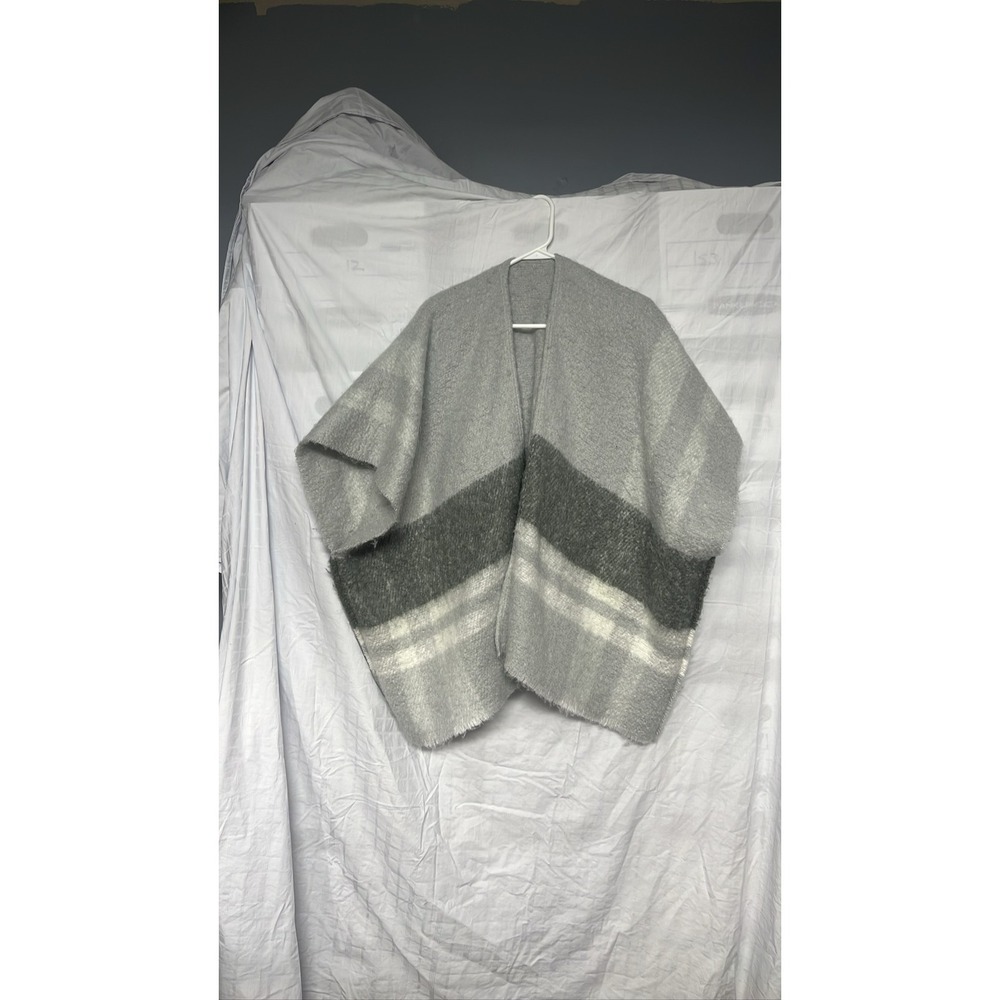 Women Gray Stripe Open Front Poncho Cape Soft Knit Wrap Sweater Shawl Aeri